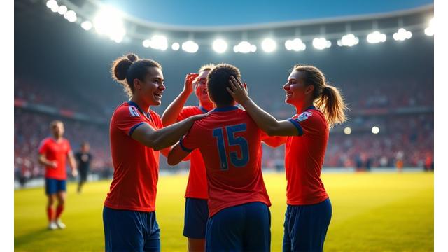 승리한 프로 축구팀 선수들이 기쁨을 나누는 모습